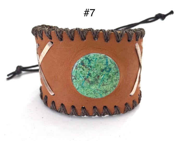 Adjustable Genuine Leather & Chrysocolla Stone Cuff Bracelet, Unisex