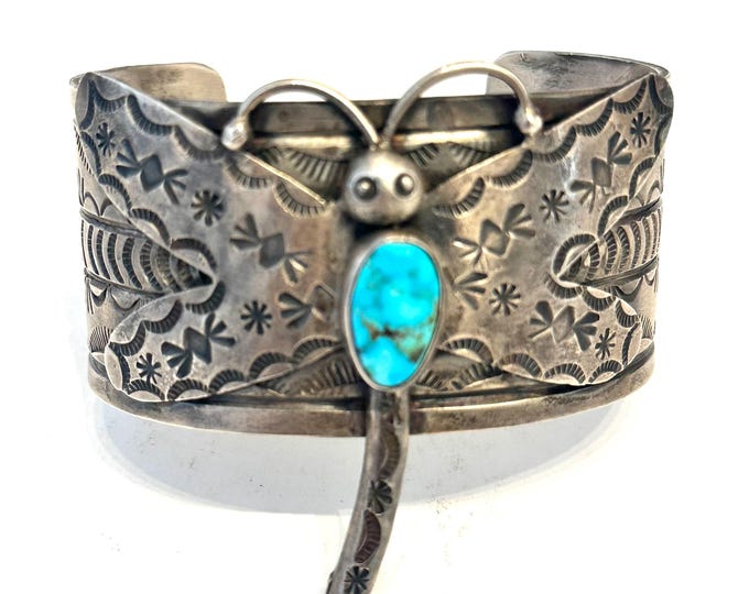 Navajo Bobby Johnson Heavy Sterling Silver & Turquoise Cuff Bracelet, Dragonfly Design