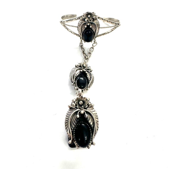 Vintage Navajo Sterling and Onyx Slave Bracelet, Ring Size 12.5, Ella Cowboy (Navajo) (B049)