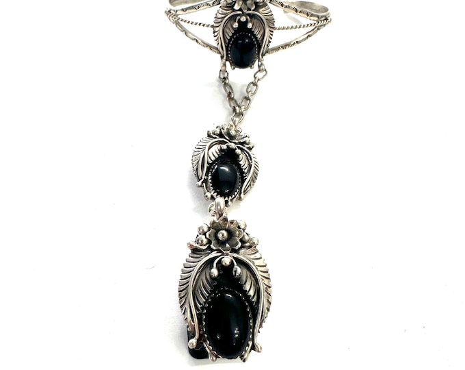 Vintage Navajo Sterling and Onyx Slave Bracelet, Ring Size 12.5, Ella Cowboy (Navajo) (B049)