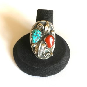 Sz 9.75 Vintage Navajo Ring Turquoise Coral Southwest Sterling Silver Ring #A126