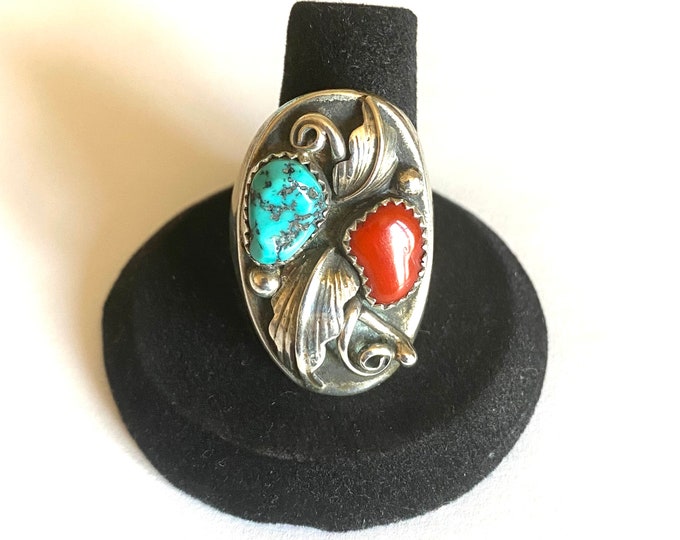 Sz 9.75 Vintage Navajo Ring Turquoise Coral Southwest Sterling Silver Ring #A126