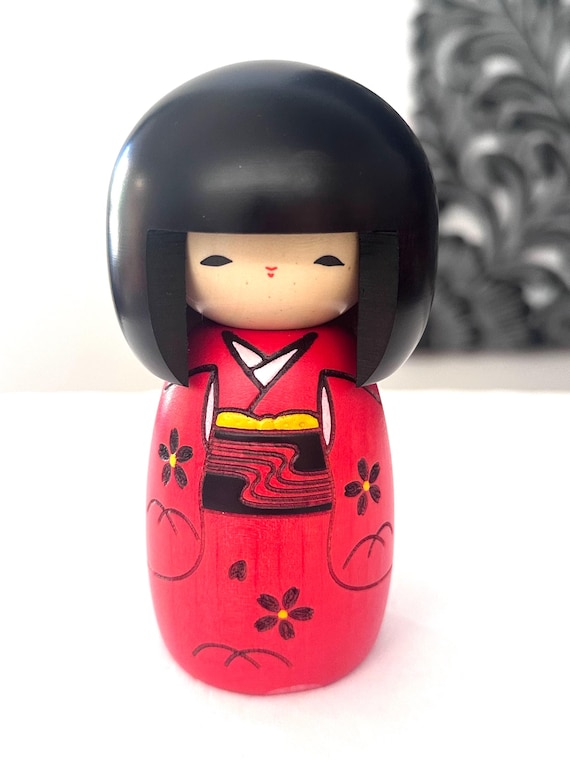 Usaburo Kokeshi Doll - Red Kimono Wooden Doll 5.70 Inches