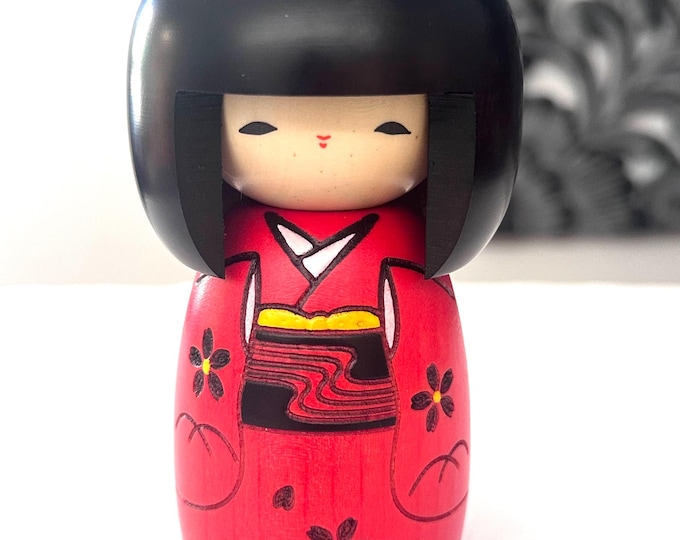 Usaburo Kokeshi Doll - Red Kimono Wooden Doll 5.70 Inches