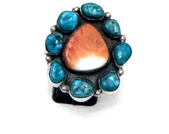 Native American Navajo Carico Lake Turquoise & Spiny Oyster Ring Size 7.5