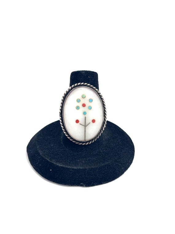 Old Pawn Sterling Silver & Mother Of Pearl Wildflower Inlay Zuni Ring