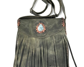 Handmade Fringed Leather Bag with Jade,  Boho Bag, Crossbody Leather Bag, Gypsy Festival Bag.
