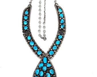 Vintage Navajo Turquoise Cluster Sterling Silver Necklace, Turquoise Teardrop Center Necklace, 71 Grams (N036)