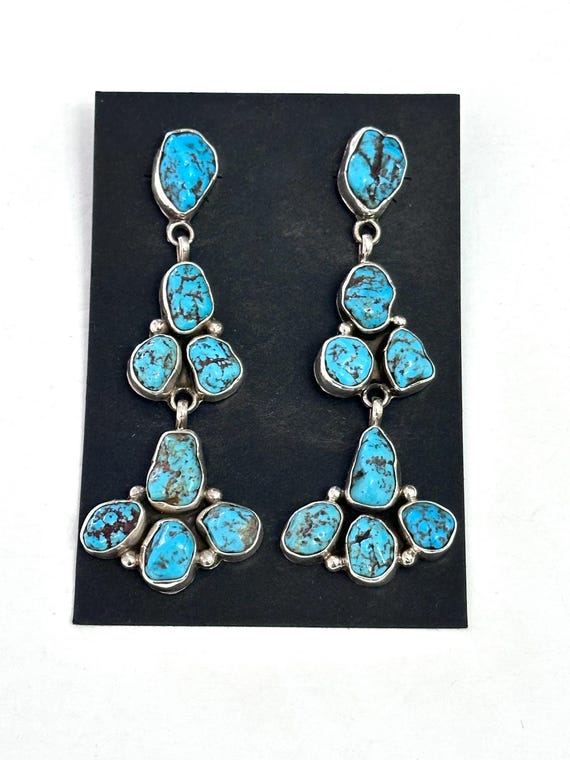 Gorgeous Long Sterling Silver & Red Matrix Nevada Turquoise Earrings By Mary Jane Garcia (Navajo Silversmith) (E011)