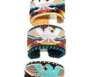 Unisex Leather Beaded Wide Cuff Bracelet / Bead Work, Eagle Design
