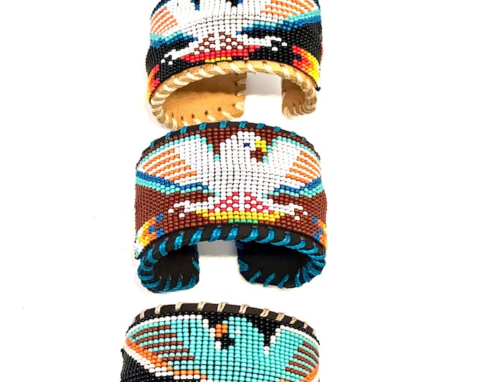 Unisex Leather Beaded Wide Cuff Bracelet / Bead Work, Eagle Design