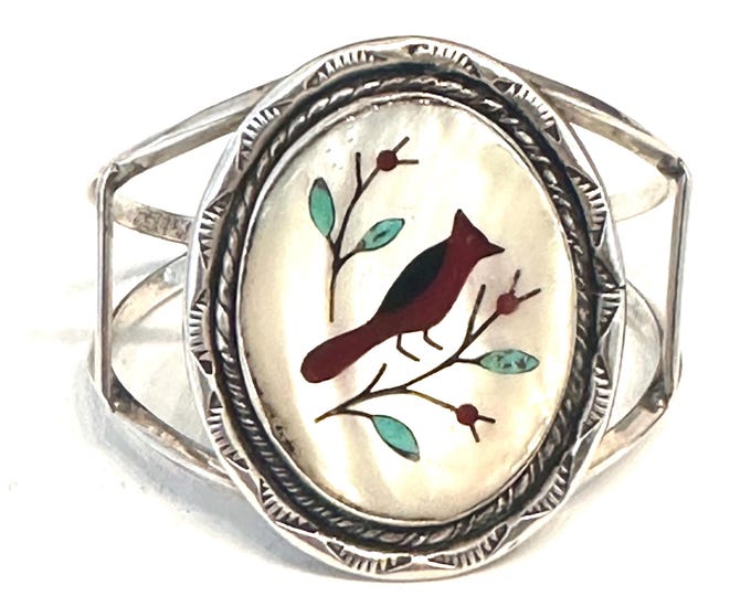 Vintage Cardinal Inlay Native American Sterling Silver Mother of Pearl Cuff Bracelet, 32 Grams