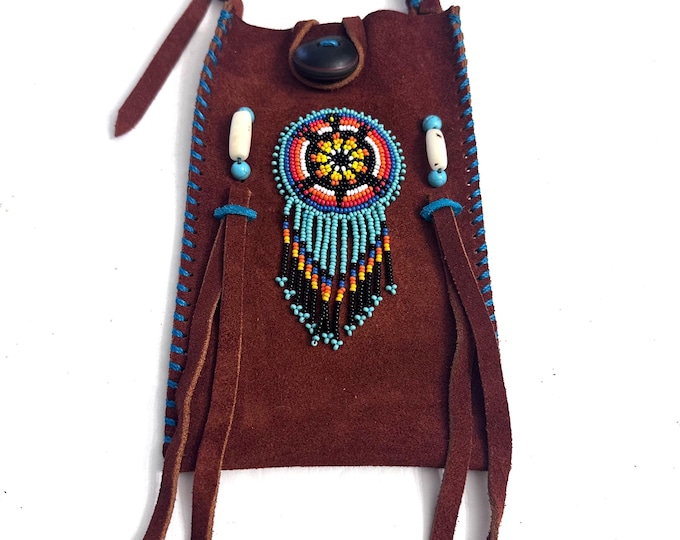 Small Handmade Medicine Leather Bag with Seed Bead Work