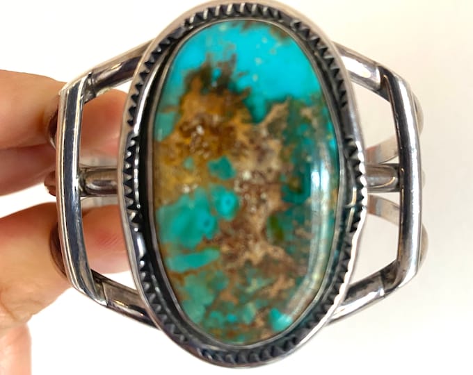 53 Gr. Vintage Native American Royston Gem Quality Turquoise Sterling Silver Cuff Bracelet B024