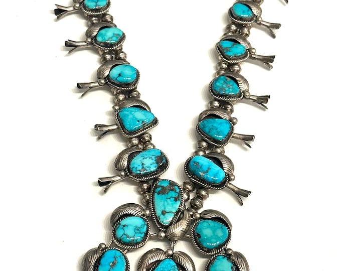 Navajo Silversmith  Fanny Sanchez Vintage Navajo Sterling Silver & Natural Morenci Turquoise Squash Blossom Necklace, 210 Grams (N051)
