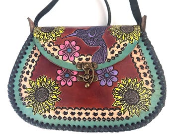 Mexican Tooled Leather Shoulder Bag/ Adjustable Strap, Boho Bag