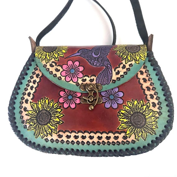 Mexican Tooled Leather Shoulder Bag/ Adjustable Strap, Boho Bag