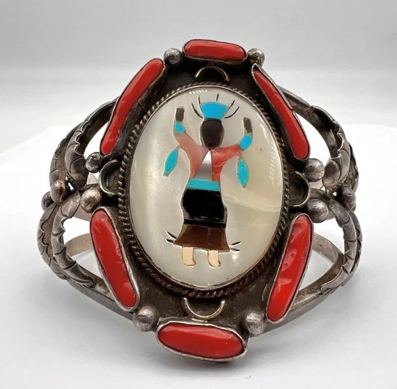 Huge Vintage Native American Maiden Kachina Multi Stone Inlay Sterling Silver Cuff Bracelet, By IVAN V, 66 Grams B033