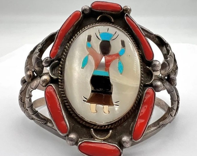 Vintage Kachina Sterling Silver Cuff Bracelet, Multi Stone Inlay, Signed Ivan V