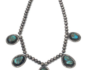 Vintage Native American Sterling Silver & Nevada Turquoise Pendant Necklace (A025)