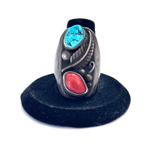 Size 10.25 Old Pawn Navajo 2 Stone Natural Coral & Turquoise Sterling Men's Ring #A007