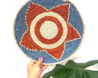 Woven Basket, Southwestern Geometric Design, 13.5" Bohemian Decor