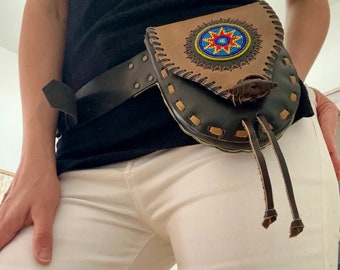 Boho Leather Belt Bag with Beadwork, Hippie Travel Bag