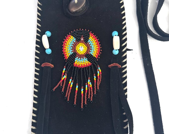 Small Handmade Medicine Leather Bag with Seed Bead Work