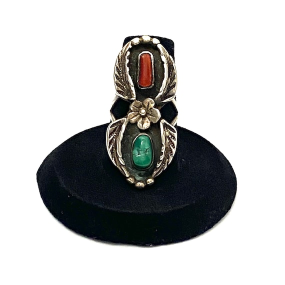 Size 6.25 Vintage Sterling Silver Navajo Turquoise & Coral Flower Squash Blossom Long Ring, A160