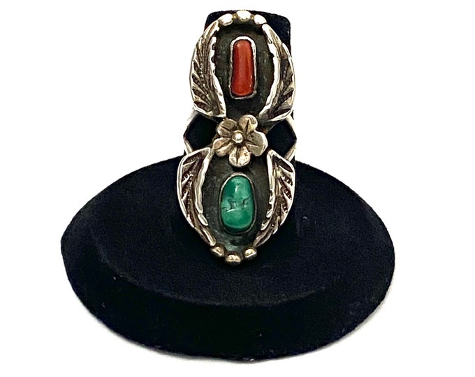 Size 6.25 Vintage Sterling Silver Navajo Turquoise & Coral Flower Squash Blossom Long Ring, A160