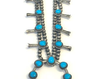 Small Vintage Navajo Turquoise Squash Blossom Necklace/ Stamped Sterling/ 47 Gr.