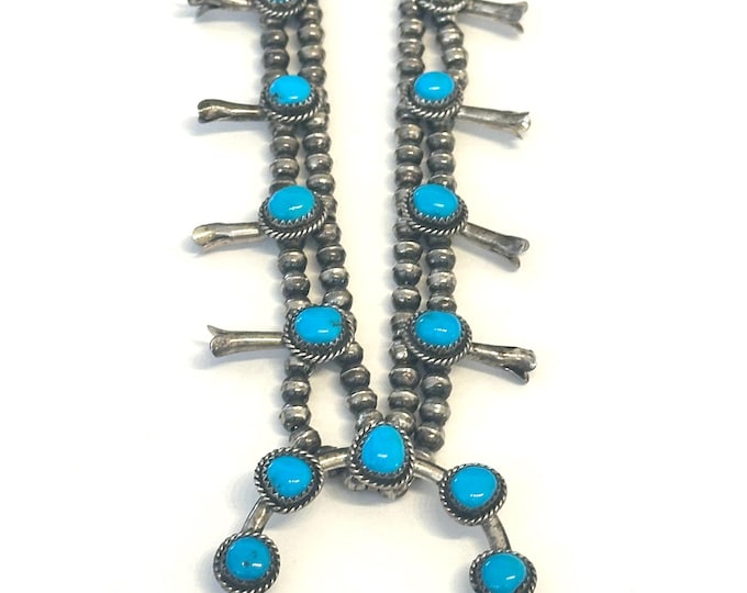 Small Vintage Navajo Turquoise Squash Blossom Necklace/ Stamped Sterling/ 47 Gr.