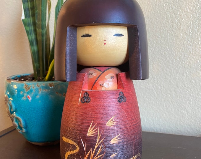 10" Vintage Japanese Kokeshi Doll, Hand-Carved Kimono Art
