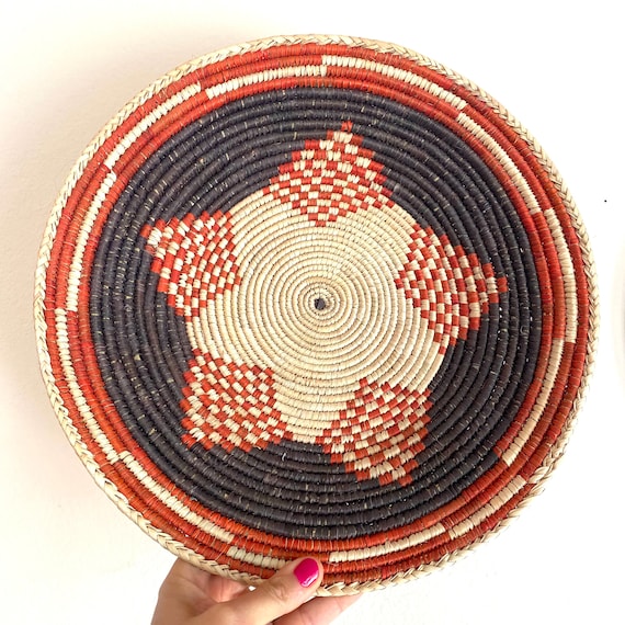 13.5” Shallow Woven Basket, Southwestern Style Decor, Bohemian Decor, Hippie Chic Decor