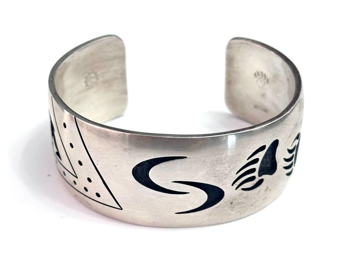 Vintage Sterling Silver Hopi Bear and Bear Paw Cuff Bracelet, 67 Grams