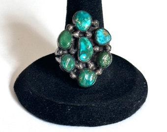 Sz 8.25 Vintage Sterling Silver &  Royston Turquoise Cluster Ring (A011)