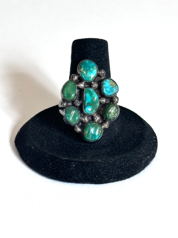 Sz 8.25 Vintage Sterling Silver & Royston Turquoise Cluster Ring (A011)