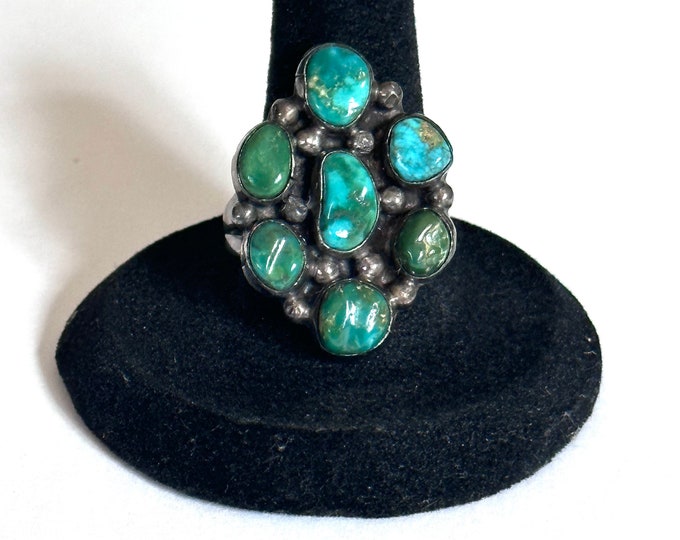 Sz 8.25 Vintage Sterling Silver &  Royston Turquoise Cluster Ring (A011)