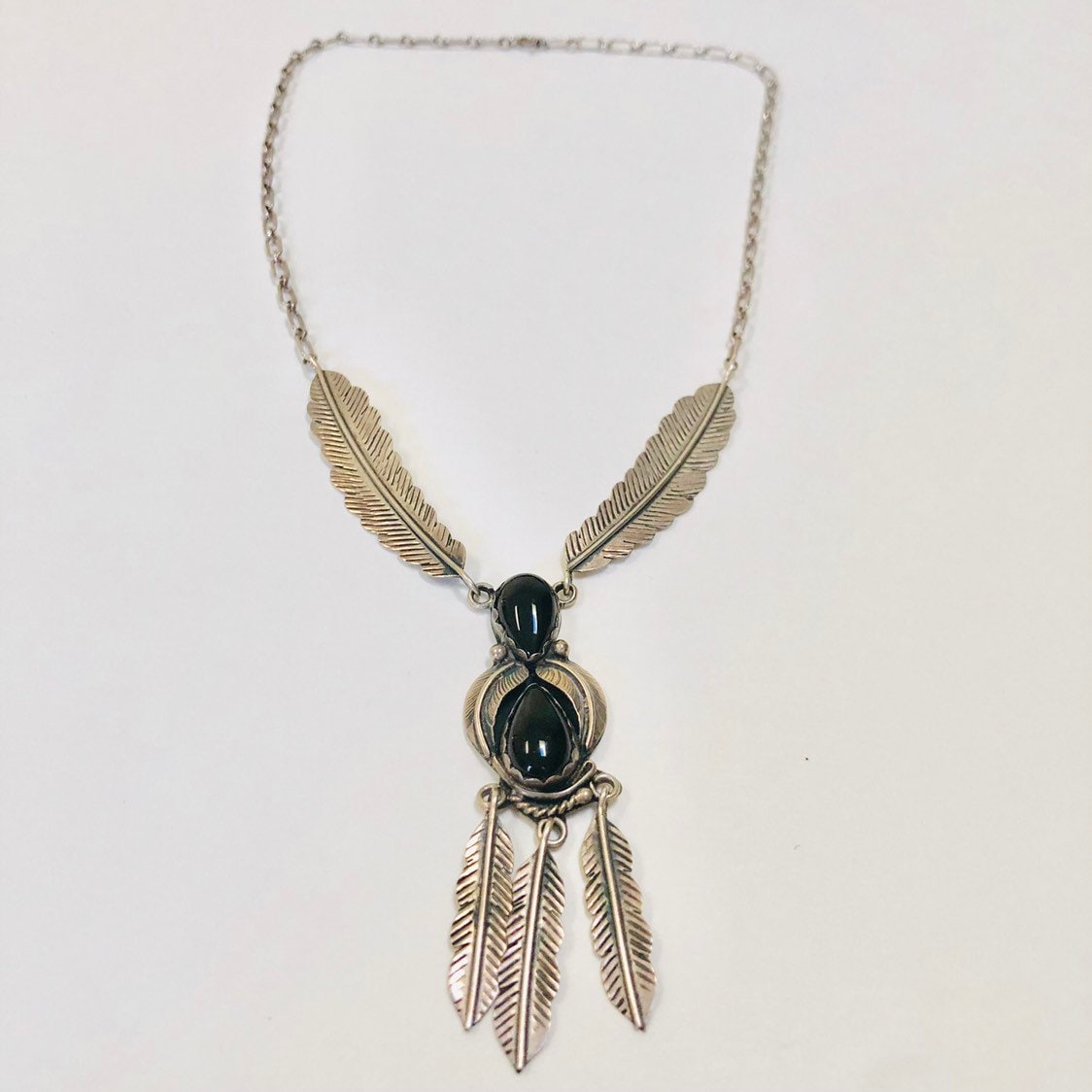 Vintage Navajo Sterling Silver & Onyx Feather Necklace | Etsy