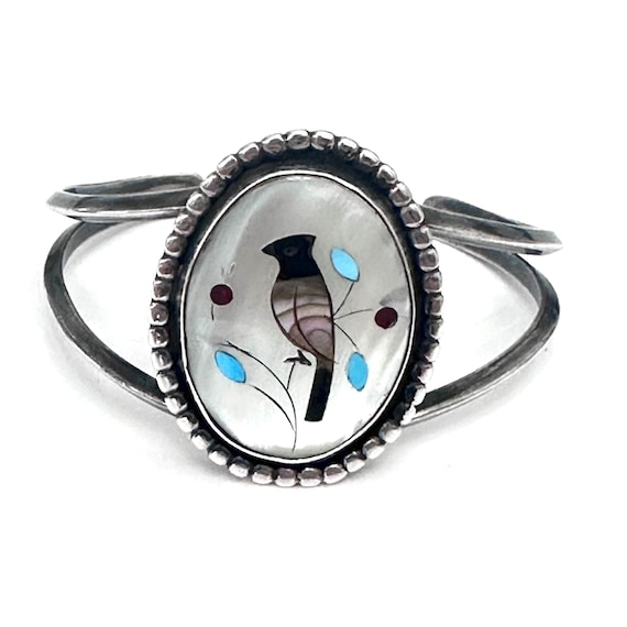 Vintage Zuni Native American Sterling Silver Mother of Pearl Cuff Bracelet, 26 Grams B039