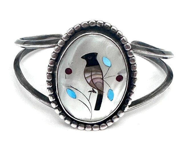 Vintage Zuni Native American Sterling Silver Mother of Pearl Cuff Bracelet, 26 Grams B039