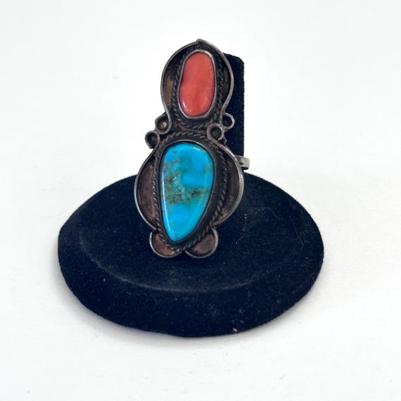 Size 6.75, Vintage Native American Sterling Silver -Turquoise Coral Ring (A060)