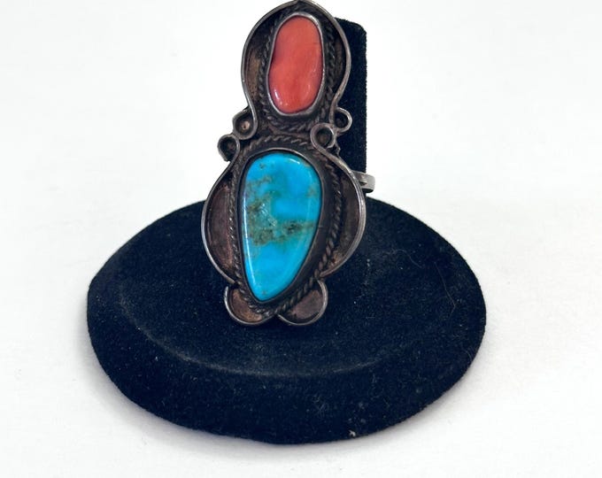 Size 6.75, Vintage Native American Sterling Silver -Turquoise Coral Ring (A060)