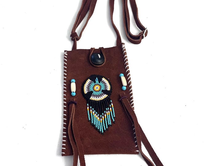 Small Handmade Medicine Leather Bag with Seed Bead Work