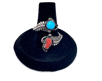 Navajo Vintage Sterling Silver Turquoise & Coral Bypass Ring, Signed,  Adjustable Sterling Silver Ring By Richard Begay (A001)