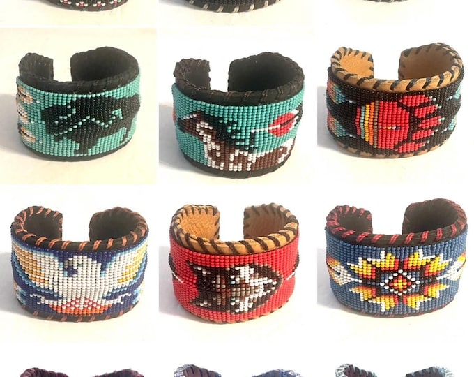 Unisex Leather Beaded Wide Cuff Bracelet / Bead Work Design