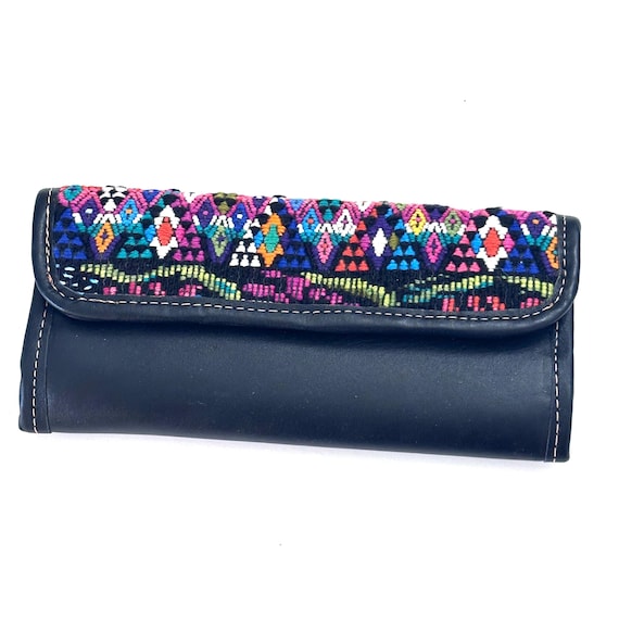 Guatemalan Leather Trifold Wallet, Embroidered Mayan Design Wallet With Check Book Slit