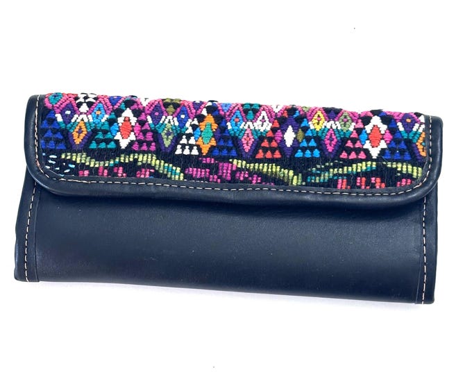 Guatemalan Leather Trifold Wallet, Embroidered Mayan Design Wallet With Check Book Slit