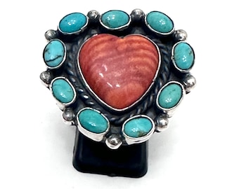 Native American Navajo Carico Lake Turquoise & Spiny Oyster Heart Ring Size 8