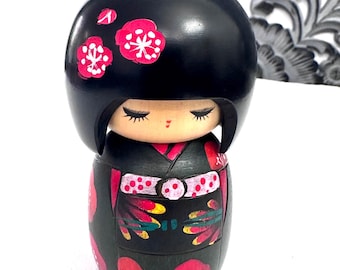 Vintage Kokeshi Wooden Doll, Green Kimono with Red Flowers